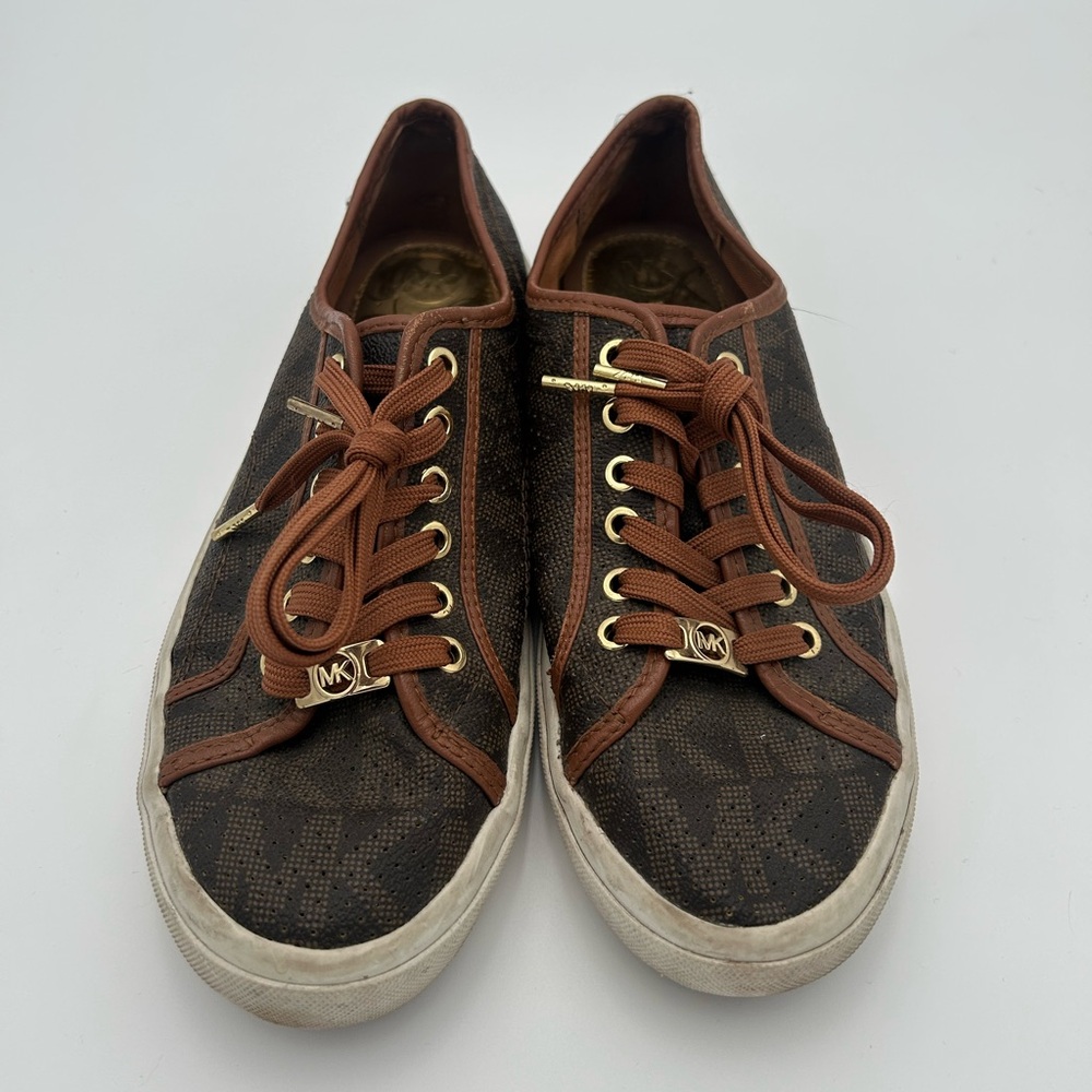 Michael Kors Dark Brown Monogram Sneakers with Gold Accents